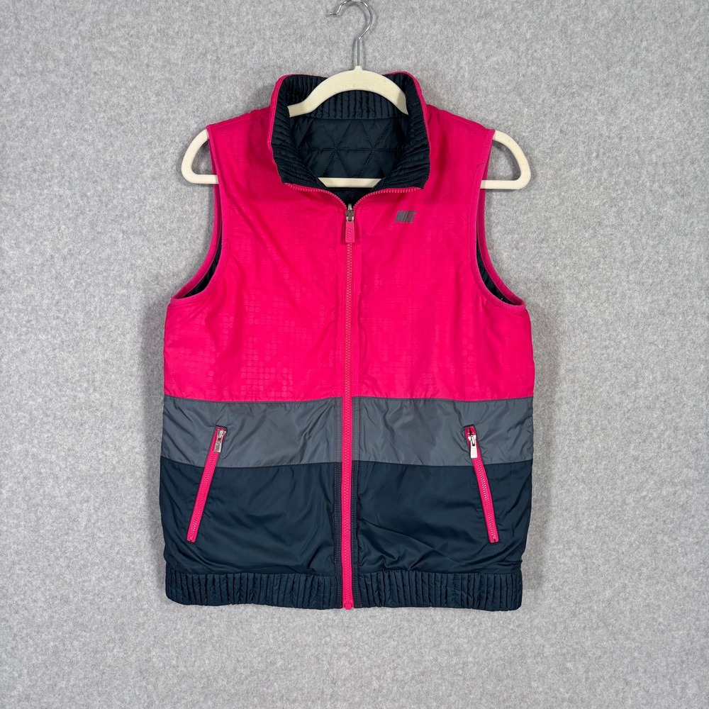 Nike Girls Reversible Puffer Vest XL Navy Pink Retro Quilted Sporty Hiking GORP